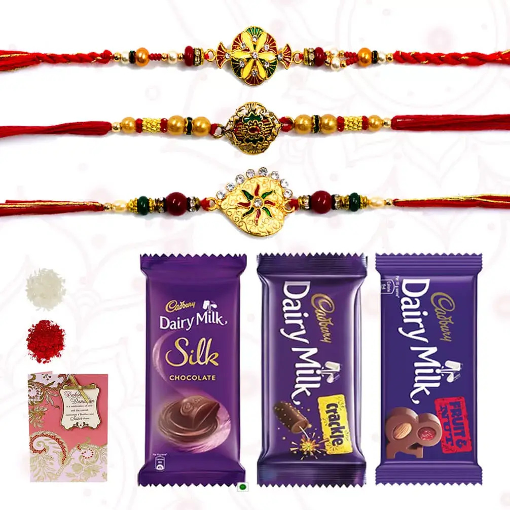 3 Fancy Rakhi with Cadbury's silk, Cadbury's Fruit and Nut and Cadbury's Crackle