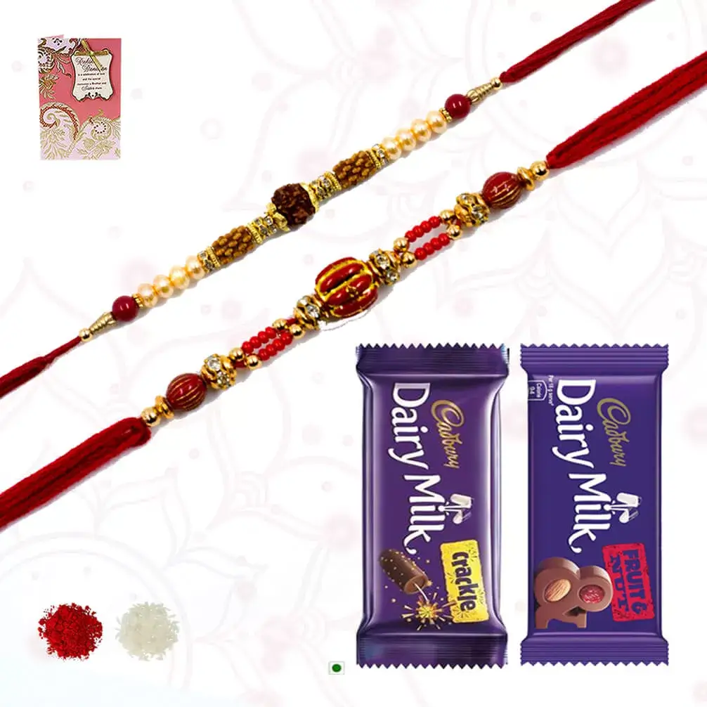 2 Rudraksh Rakhi with 1 Cadbury's Crackle and 1 CAdbury's Fruit and Nut