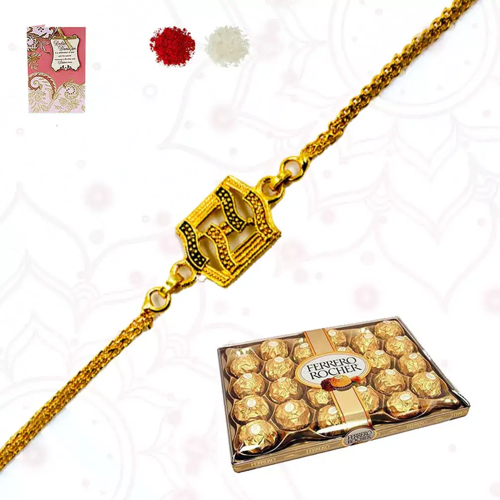 One Golden Plated Rakhi with 24 pcs Ferrero Rocher Box