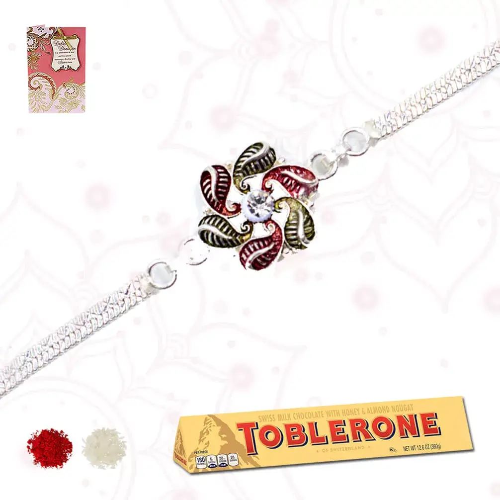 1 silver plated rakhi with 1 bar of Toblerone chocolate