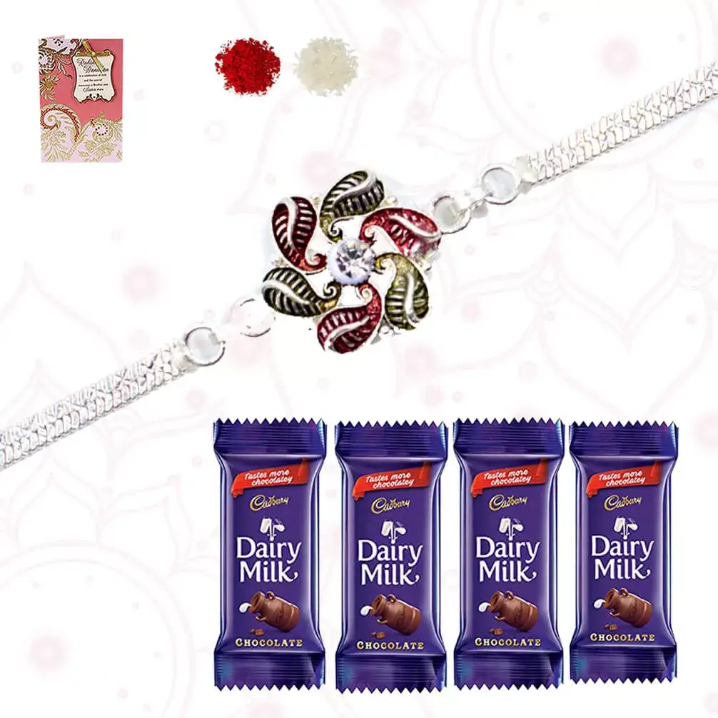 1 Silver plated rakhi with 4 bars of Dairy Milk chocolate of 13 gms each