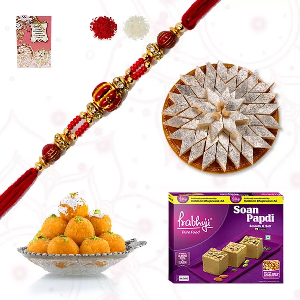 1 Rudraksh Rakhi with sweet hamper of Kaju Katli, Soan PApdi and Boondi Laddoo