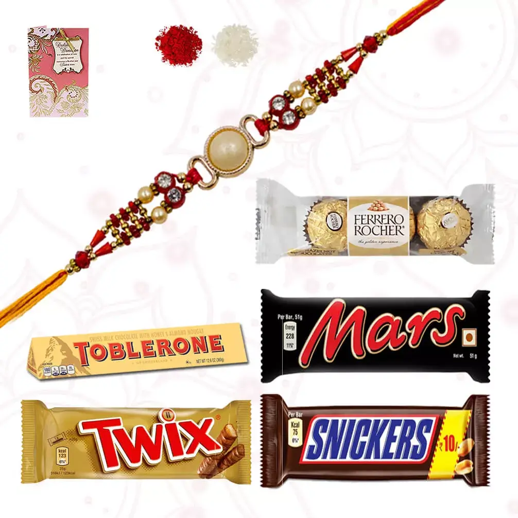 1 Stone Rakhi with 1 Mars, 1 Snickers, 1 Twix, 1 Toblerone and 4 pcs Ferrero box
