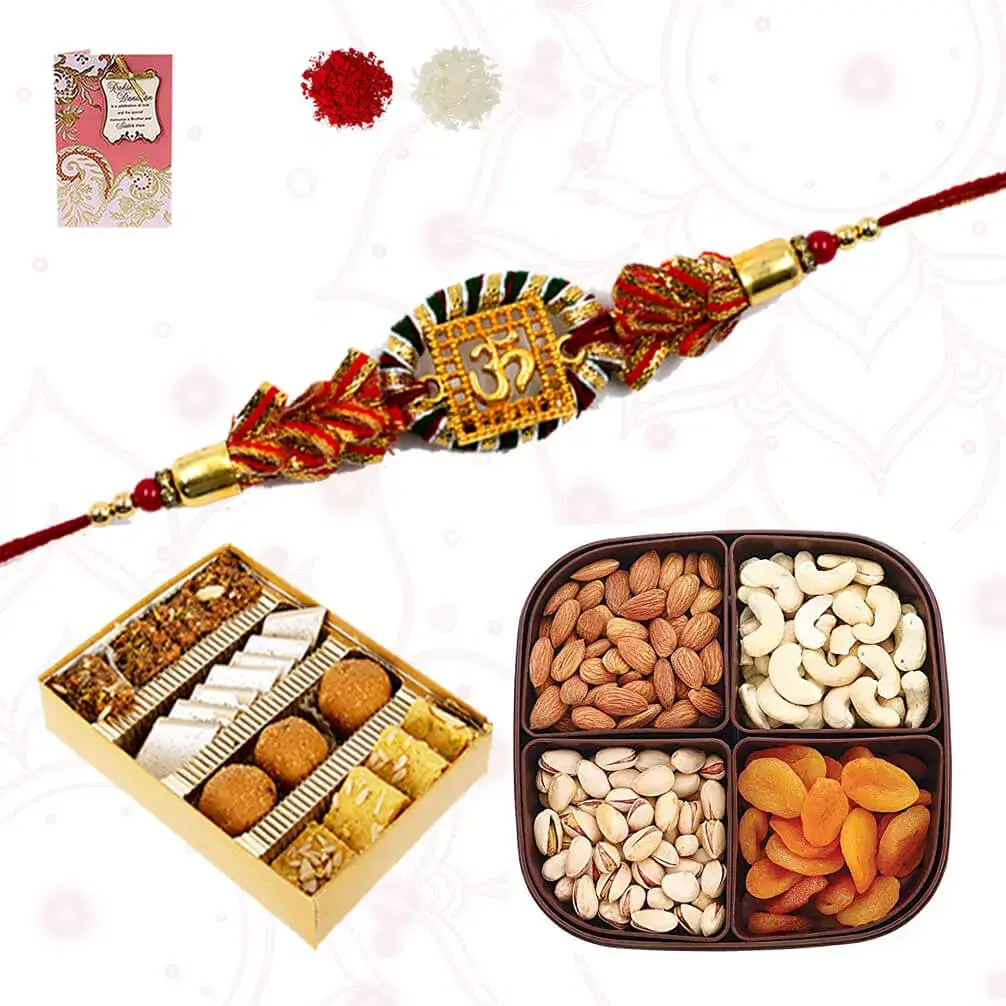 1 Om RAkhi with Dryfruits Platter consisiting of Cashew, raisins, almonds and Apricots and box of Assorted sweets