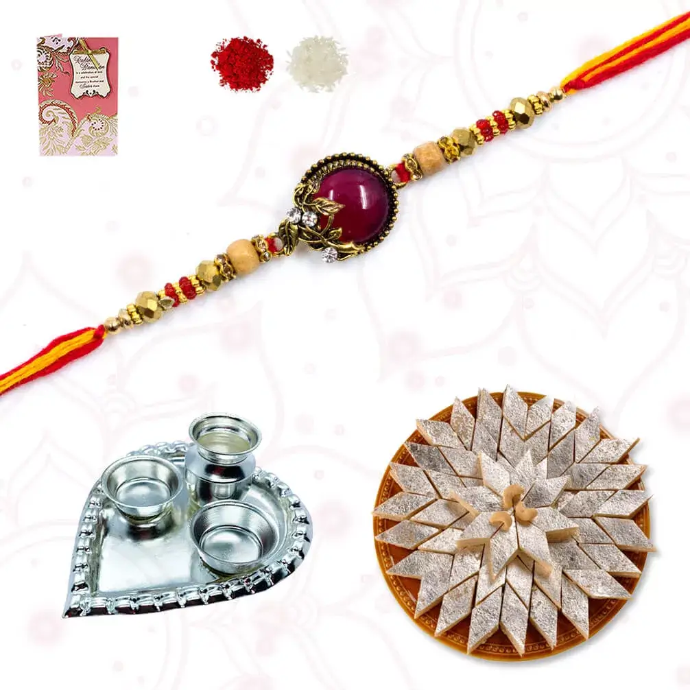 One AD rakhi with Kaju Katli Heart shape silver plated special puja thali