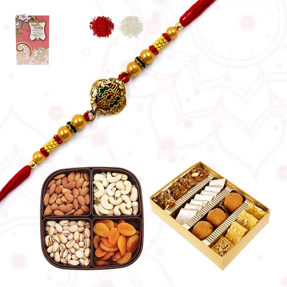 Rakhi with sweets and dry fruits